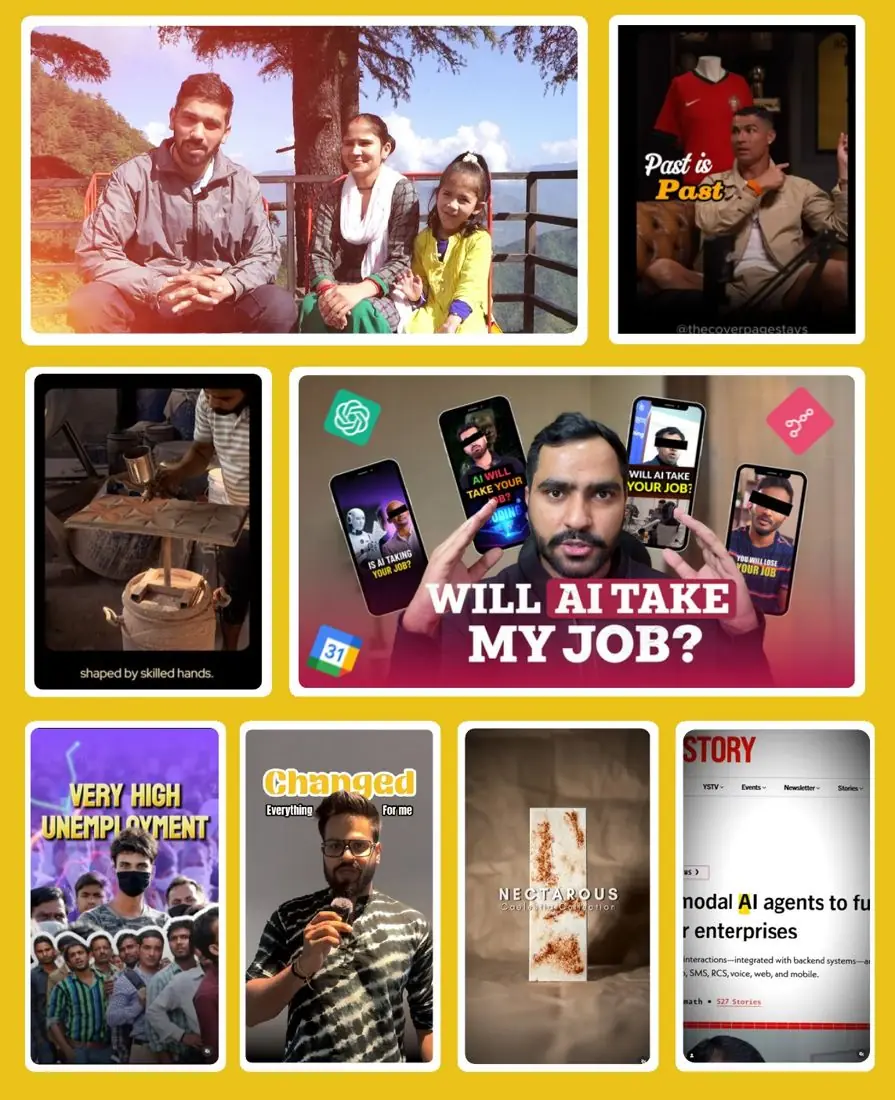 Thumbnails of YouTube and reel content including 'Will AI take my job?'