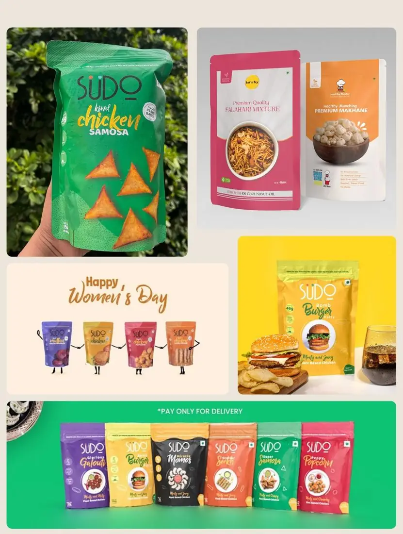 Sudo snack packaging in green, yellow and pink